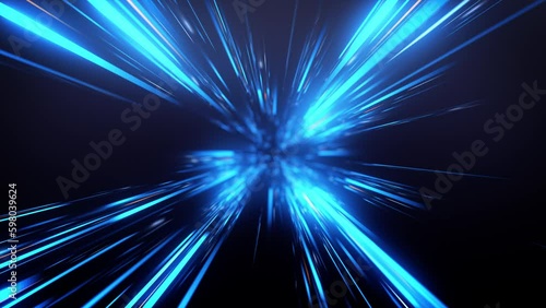 Blue glow light rays with time warp on rotate and zoom in effect background.  Perspective view of blue laser light burst motion. Long exposure time warp speed Lights lines blue background zoom in. 4K photo