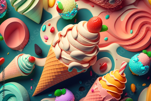Colorful ice cream background with generative AI technology