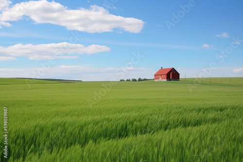A green field with a red barn in the distance