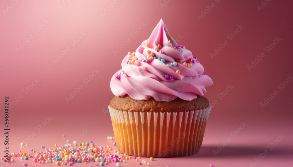 Close-up of Delicious Pink Frosted Cupcake with Rainbow Sprinkles on Soft Pink Background Close-up of Delicious Pink Frosted Cupcake with Rainbow Sprinkles on Soft Pink Background