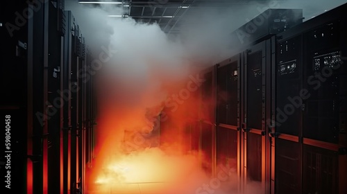 Data center fire with burning servers racks, Internet unexpected outage, big data center offline due fire in servers room, black thick smoke in computer data center, generative AI photo