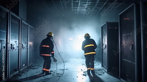 Firefighters tackling data center fire with burning servers racks, Internet unexpected outage, big data center offline due fire in servers room, thick smoke in computer data center, generative AI photo
