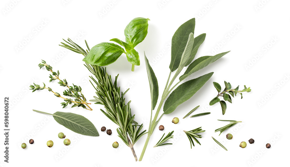 Fresh organic Mediterranean herbs and spices elements isolated over a transparent background, sage, rosemary twig and leaves, thyme, oregano, basil, green and black pepper, top view, flat lay - obrazy, fototapety, plakaty 