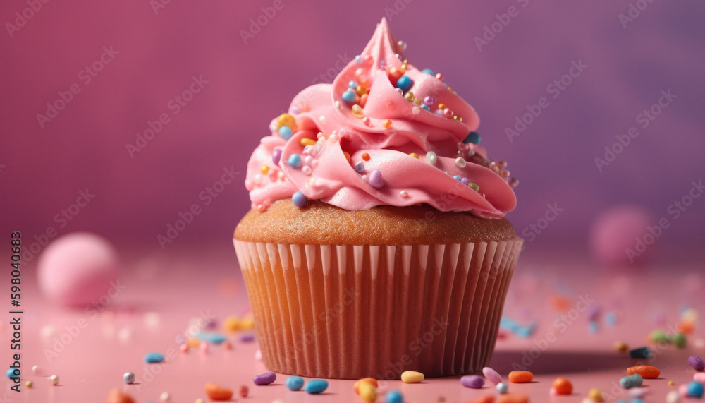 Close-up of Delicious Pink Frosted Cupcake with Rainbow Sprinkles on Soft Pink Background Close-up of Delicious Pink Frosted Cupcake with Rainbow Sprinkles on Soft Pink Background