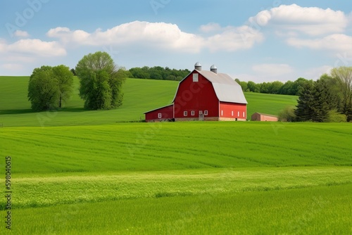 A green field with a red barn in the distance