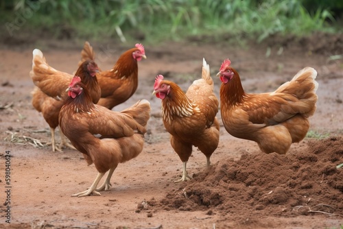A group of chickens pecking at the ground in a dirt field photo