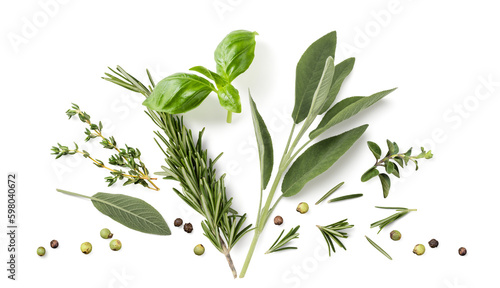 Fotografia Fresh organic Mediterranean herbs and spices elements isolated over a transparen