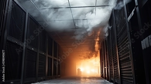 Data center fire with burning servers racks, Internet unexpected outage, big data center offline due fire in servers room, black thick smoke in computer data center, generative AI photo
