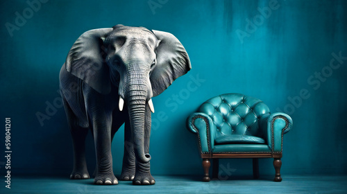 Elephant in standing beside a Blue Chair Against a Matching Blue Wall