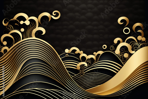 黒背景に金色の波模様：AI生成画像