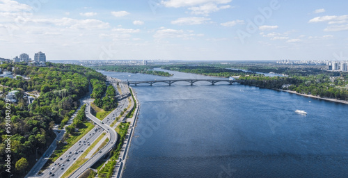 Aerial view of Kyiv skyline, Dnieper river from above, Ukraine
