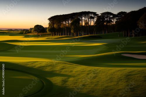 Beautiful landscape of a golf course in St Andrews during golden hour