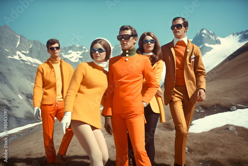 group of fashion models in snowy alps retro vintage 60s style, made with generative ai