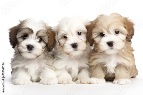 Three cute havanese puppies are lying next to each other on white background. AI Generative Illustrations © Stephen VanHorn