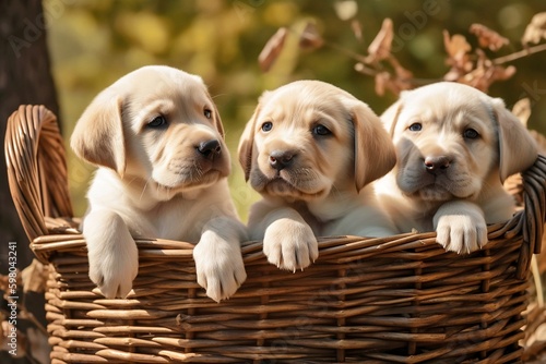 Three labrador puppies in a basket. Ai Generative Illustrations