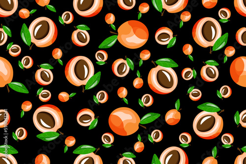 Seamless pattern with Cartoon Apricot on black background. Apricots Slice endless ornament. Apricot crush Vector art. Summer Fruit backdrop. Wallpaper and bed linen print. Kitchen apron design.