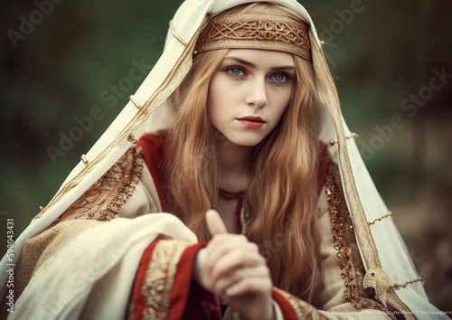 Portrait of Guinevere a legend and medieval queen of Great britain. Generative AI illustrations