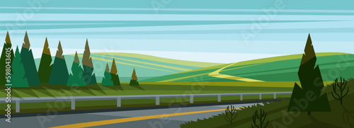 Countryside road in summer landscape vector illustration. Cartoon asphalt highway for outdoor adventure and journey at evening, roadway among green grass on field and spruce trees with shadow