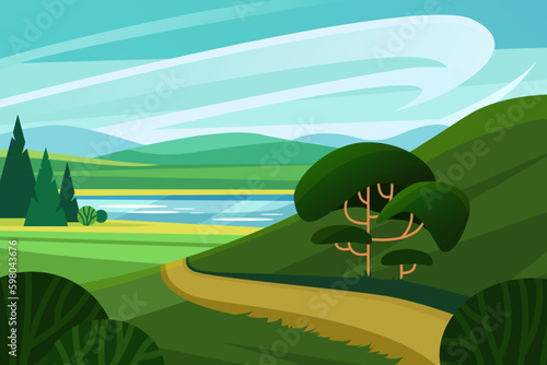 Green countryside landscape vector illustration. Cartoon cute panoramic valley scenery with abstract nature, field and simple pine trees, rural road around hill and river, grassland hills on horizon
