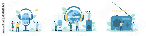 Radio podcasts, broadcast set vector illustration. Cartoon tiny people listen digital music with headphones, record sound with mic, share and download audio files with mobile phone and gadget