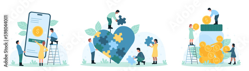 Charity services set vector illustration. Cartoon generous tiny people give money cash to glass donation jar, volunteers collect heart from puzzle pieces, donate coins with mobile app in phone
