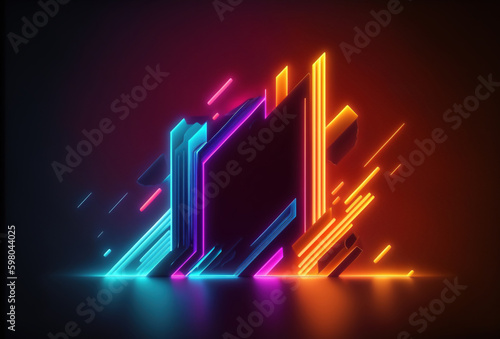 Neon geometric. Flash glow figure. Shining light rhombus vivid stripes pattern on dark illuminated background multicolored abstract illustration.