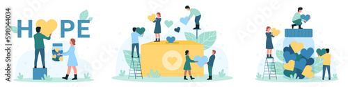 Charity services set vector illustration. Cartoon tiny people holding hearts to throw into donation box and glass jar near Hope word, donate financial contribution to bank of nonprofit organization photo