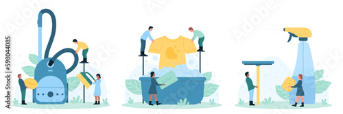 Cleaning service and laundry set vector illustration. Cartoon tiny people housekeeping, professional janitors clean home with vacuum cleaner and mop, brush and detergent in bottle, wash dirty clothes
