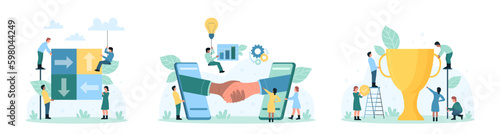 Cooperation, partnership set vector illustration. Cartoon handshake of business people and partners from mobile phone screens, tiny people connect puzzle together, celebrate win with golden cup