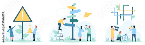 Making complex choice, way or strategy set vector illustration. Cartoon tiny people choose direction of path by arrows on road signpost, pointing to warning sign, standing with map and binoculars