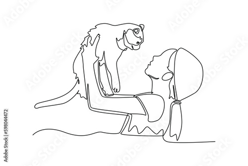 Single one line drawing girl holding her cat. Urban pets concept. Continuous line draw design graphic vector illustration.