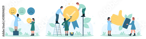Customers feedback set vector illustration. Cartoon tiny people holding thumbs up, work on quality seal medal and point on happy emoticon to vote for positive experience and approve good review