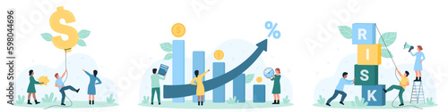 Financial risks set vector illustration. Cartoon tiny investor holding dollar balloon, people calculate finance profit from chart growth and money return with calculator, push cubes with word risk