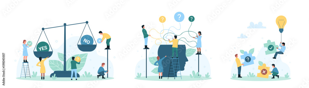 Making decision set vector illustration. Cartoon tiny people compare risk and benefit of yes and no choices on scales, think on analysis of multiple questions in head, holding puzzle and light bulb - obrazy, fototapety, plakaty 