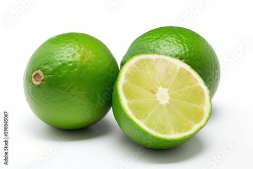 two whole limes and one lime cut in half isolated on a white background. Generative AI Generative AI