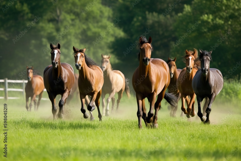 A group of horses running in a green pasture