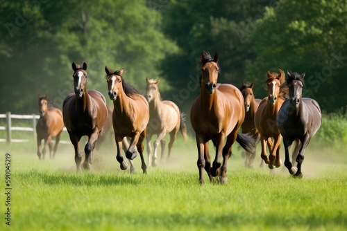 A group of horses running in a green pasture © Dan