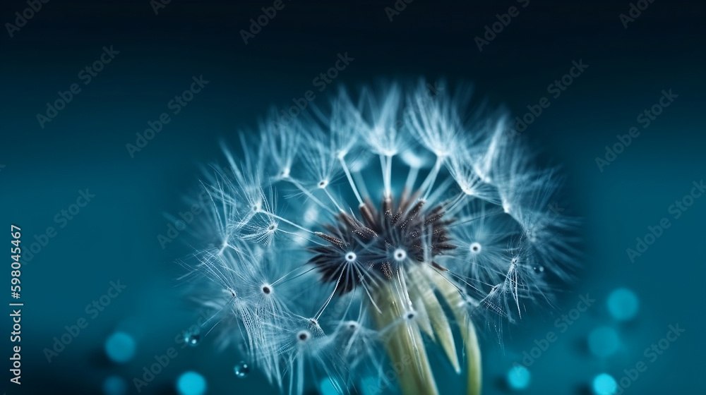 Dandelion Seeds in droplets of water on blue and turquoise beautiful background with soft focus in nature macro. Drops of dew sparkle on dandelion in rays of light Dandelion Seeds in droplets of water on blue and turquoise beautiful background with soft focus in nature macro. Drops of dew sparkle on dandelion in rays of light