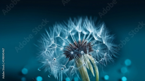 Dandelion Seeds in droplets of water on blue and turquoise beautiful background with soft focus in nature macro. Drops of dew sparkle on dandelion in rays of light