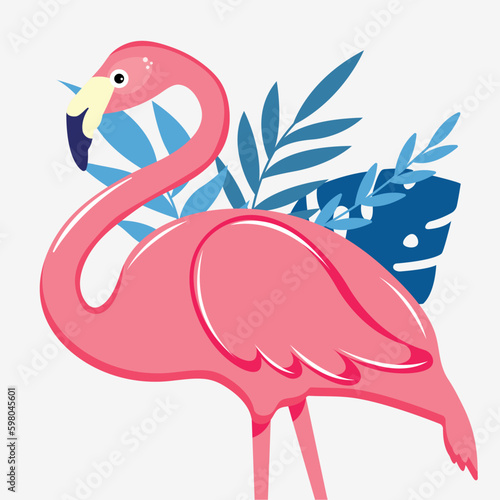 Pink flamingo and blue summer tropical palm leaves with exotic flowers. Design element for cards, posters, banners, summer design for print, children's illustration, design for fabric and textile.