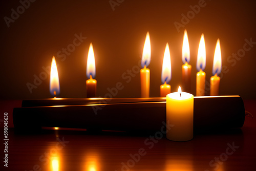 Burning candles on dark background. Mourning concept