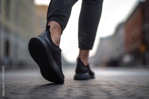 Legs view of a person walking on the road wearing sports shoes. Created with Generative AI Technology