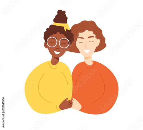 Young diverse lesbian couple holding hands. Two smiling women in love. Cute vector characters in flat cartoon style. Pride month concept, LGBTQ+ people, homosexual relationships