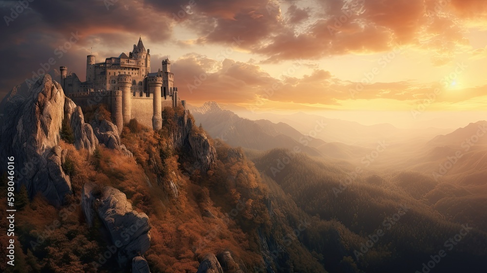 Fantasy Mediaeval Castle at Sunrise Over Rocky Mountain Peaks - Nature's Majestic Panorama, Generative AI
