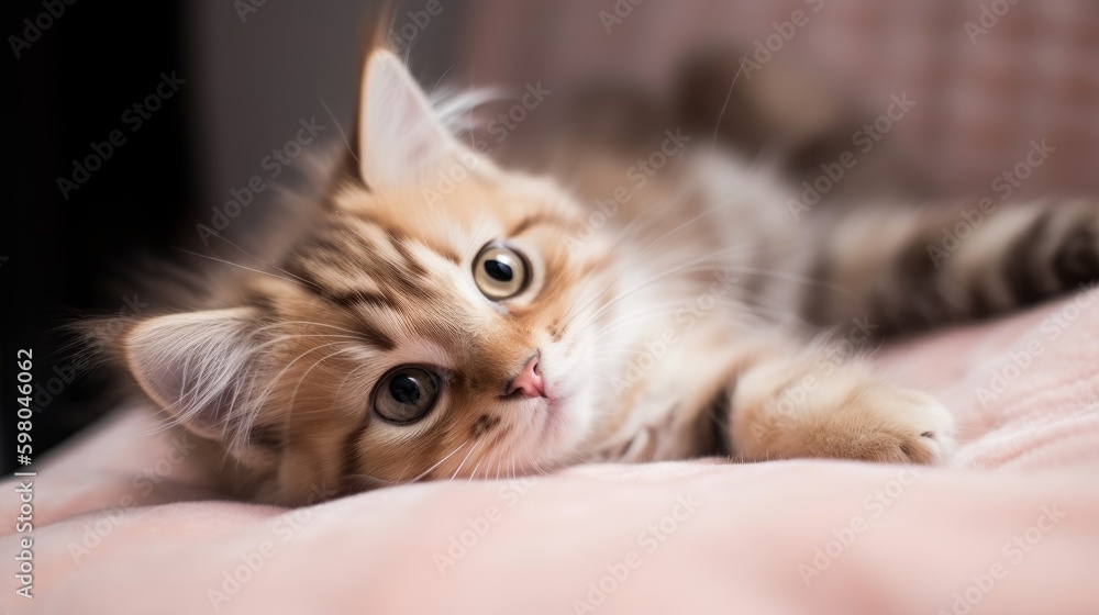 A cute cat laying on her back on a blanket, cute, kitten, ai, ai generative, illustration