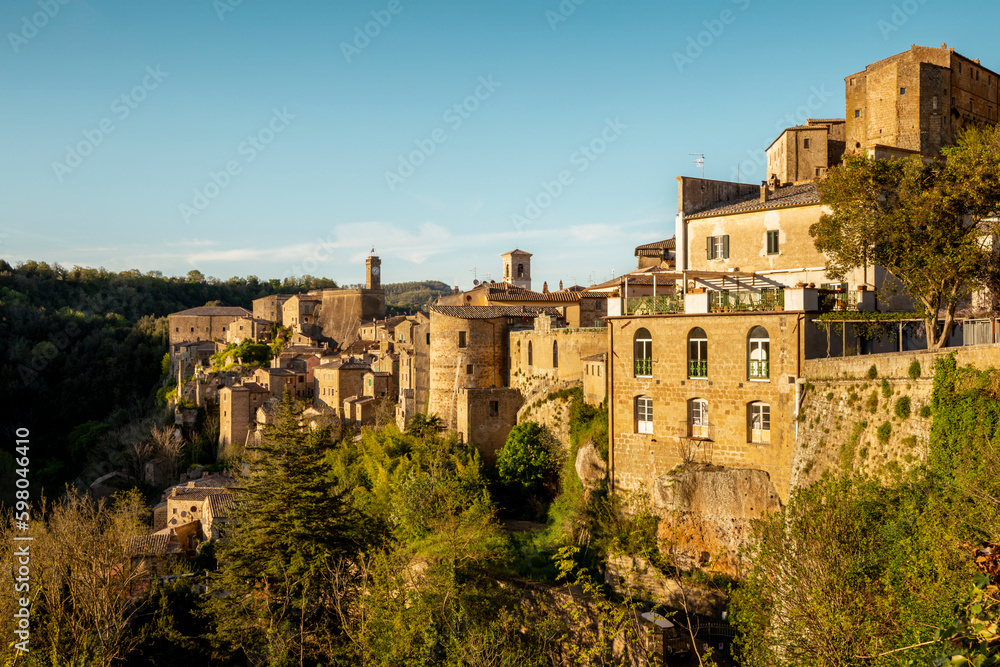 Panorama of Sorano medieval town on a cliff in Tuscany, Italy