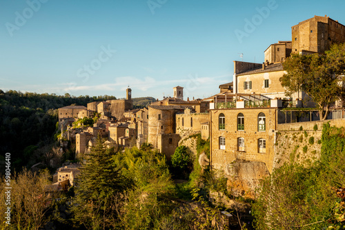 Panorama of Sorano medieval town on a cliff in Tuscany, Italy
