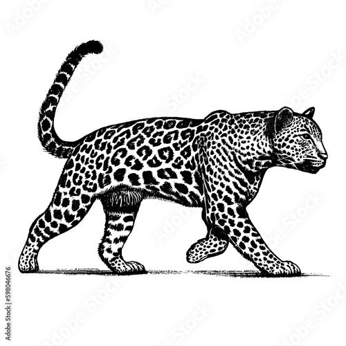 walking leopard engraving illustration, elegant feline sketch 