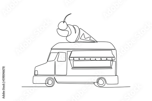 Continuous one line drawing Ice cream van. Restaurant on wheels. Vans for street food selling. Car concept. Single line draw design vector graphic illustration.