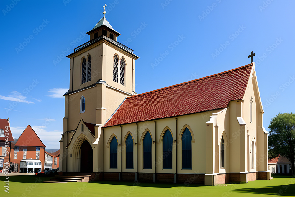Naklejka premium Shot showing the detail of an old Danish church. Locally often referred to simply as the English Church, it is a pretty Gothic-Revival-style church.